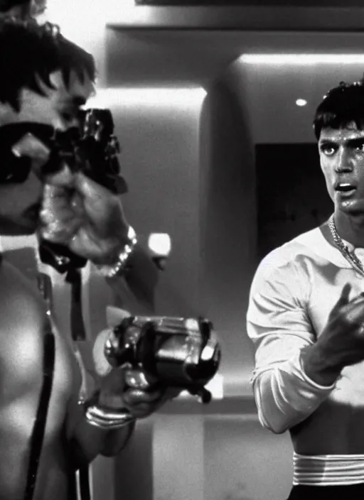 Prompt: film still of cristiano ronaldo as tony montana saying say hello to my little friend in Scarface