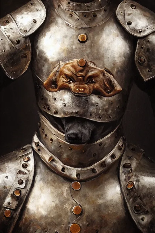 Image similar to Slavic dog head man, beautiful torso in leather armour, oil painting, hyperrealism, beautiful, high resolution, trending on artstation,