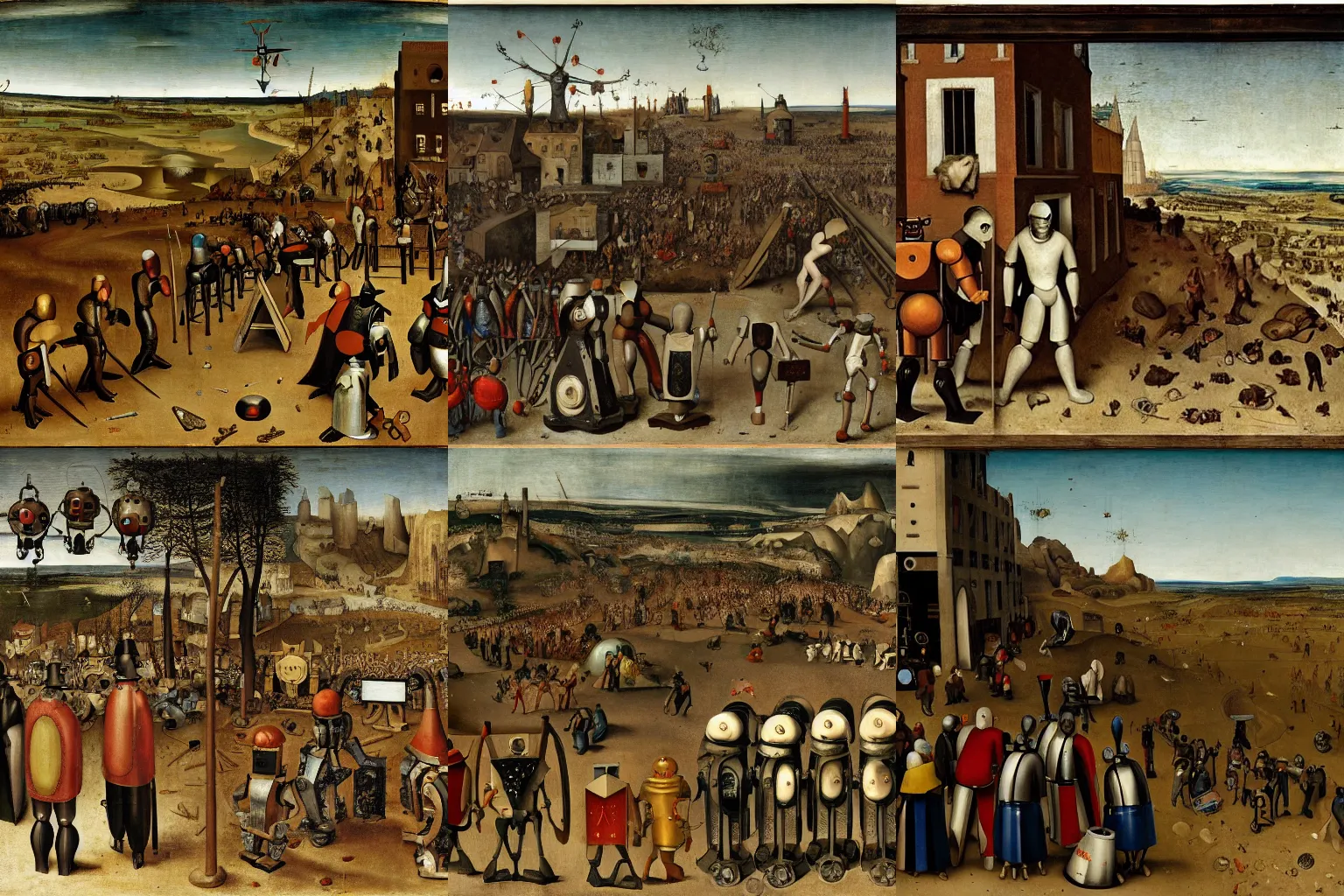 Prompt: an inquisition of robots judging humans for crimes, bruegel