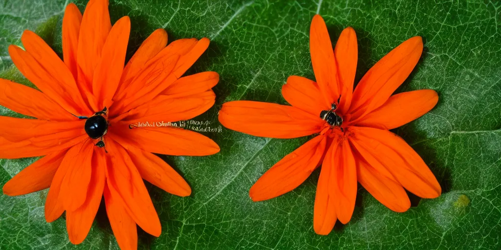 Image similar to a close up photo of an orange colored flower, a single green leaf is coming out of the flowers stalk, a tiny beetle is walking on the leaf, high resolution macro image 35mm