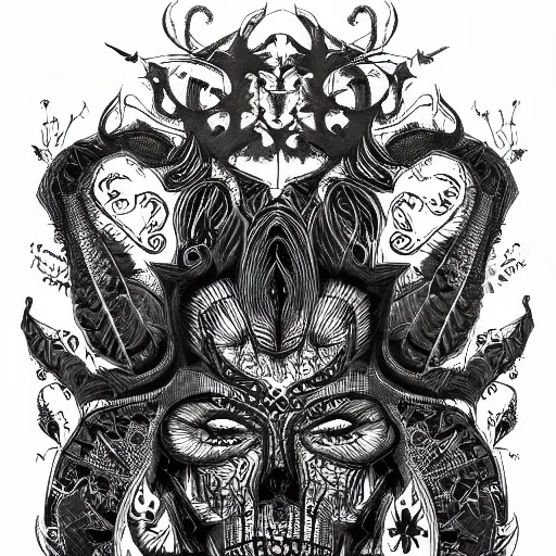 Image similar to Down with my demons black paper, an intricate old fashioned depiction, elaborate ink illustration, symmetry