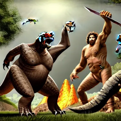 Image similar to A large dinosaur! fighting with several realistic detailed cavemen with proportioned bodies, next to the dinosaur are cavemen, the cavemen are armed with spears, the caveman are in a fighting stance, the cavemen are wearing animal furs, one caveman is stabbing the dinosaur with his spear, one caveman is cowering in fear, coarse canvas, visible brushstrokes, intricate, extremely detailed painting by William Turner (and by Greg Rutkowski)