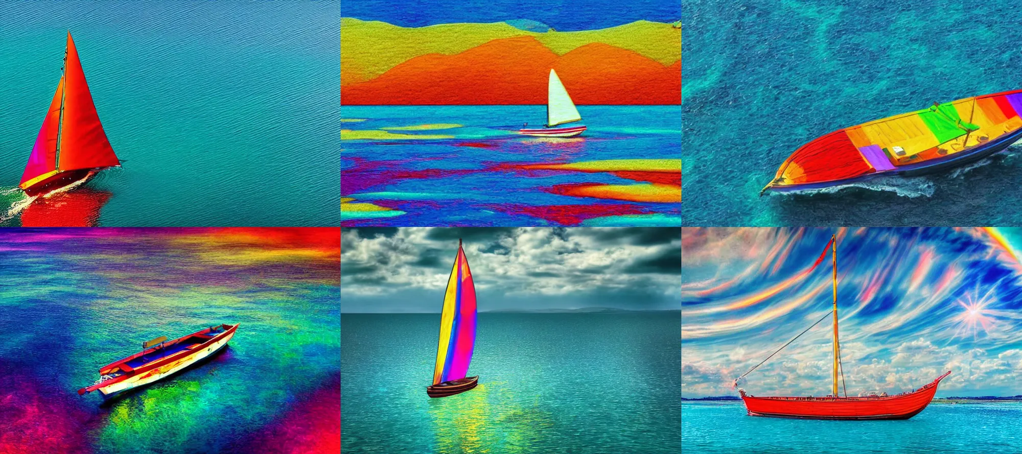 Prompt: Boat sailing across a technicolor sea, high quality photography 4k, realistic, saturated