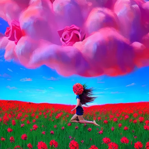 Prompt: giant rose flower head, full body girl running through a flower field, surreal photography, sunrise, dramatic light, impressionist painting, colorful clouds, digital painting, artstation, simon stalenhag