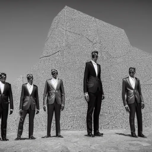 Prompt: Contamporary art fashion photography of ultra mega super hyper realistic detailed group of monkey's in suits, standing around very highly detailed stainless steel monolith situated in the desert. Photo shot on ultra mega super hyper Leica Camera