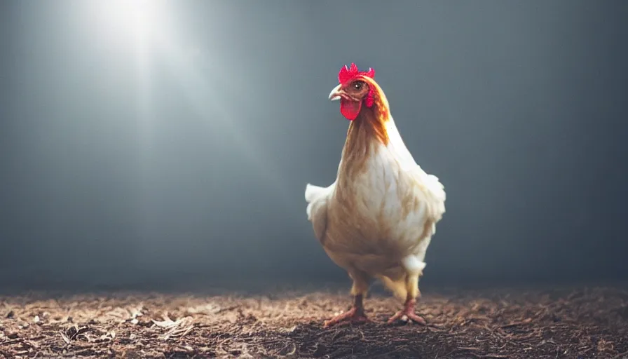 Image similar to A chicken in a movie, cinematic shot, sun beams