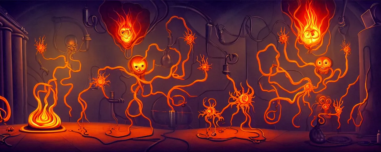 Image similar to uncanny alchemist chthonic creatures inside a fiery alchemical lab within the left ventricle of a human heart, dramatic lighting, surreal 1 9 3 0 s fleischer cartoon characters, surreal painting by ronny khalil