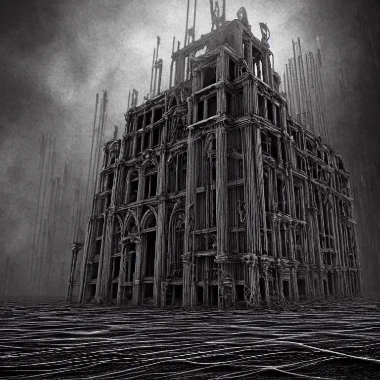 Prompt: surreal detail of ribbed melting disappearing colossal giant abandoned ghost cathedral covered with wires, fog, noise, baroque painting, desolate empty wasteland, creepy, nightmare, dream-like heavy atmosphere, surreal abandoned buildings, neoclassic, baroque painting, beautiful detailed intricate insanely detailed octane render trending on Artstation, 8K artistic photography, photorealistic, volumetric cinematic light, chiaroscuro, Raphael, Caravaggio, Beksinski, Giger, Rembrandt