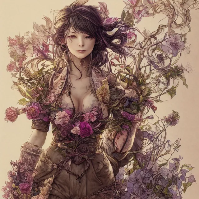 Image similar to the portrait of chaotic good female druid botanist as absurdly beautiful, gorgeous, elegant, young gravure idol, an ultrafine hyperdetailed illustration by kim jung gi, irakli nadar, intricate linework, bright colors, octopath traveler, final fantasy, unreal engine 5 highly rendered, global illumination, radiant light, detailed and intricate environment