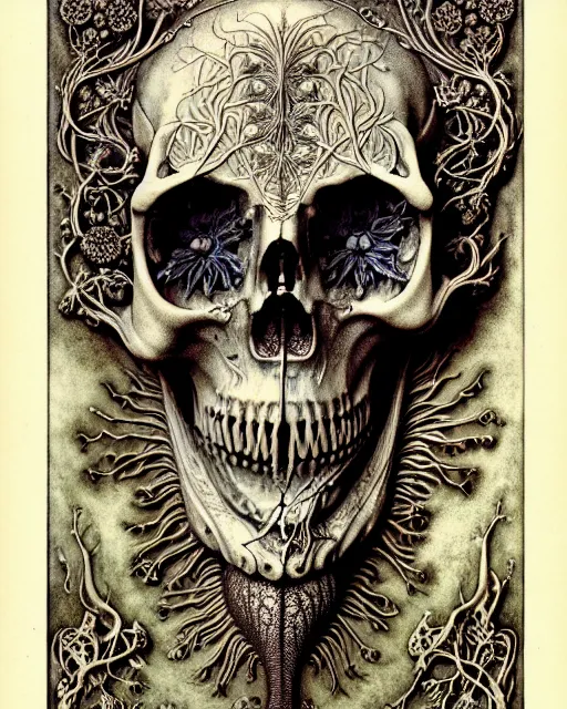 Image similar to art forms of nature by ernst haeckel, memento mori by arthur rackham, ornate antique porcelain beautiful skull mask, ultrasharp, photorealistic, hyperdetailed, octane render, polished, art nouveau, neo - gothic, gothic, intricate ornamental organic filigree, art nouveau botanicals, art forms of nature by ernst haeckel, horizontal symmetry, symbolist, visionary