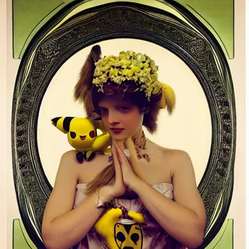 Image similar to elegant woman dressed up as pikachu art photo by Annie Liebovitz and Alphonse Mucha