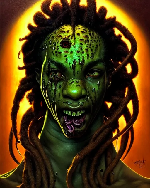 Image similar to lucio from overwatch, dreadlocks, frog like, character portrait, portrait, close up, concept art, intricate details, highly detailed, horror poster, horror, vintage horror art, realistic, terrifying, in the style of michael whelan, beksinski, and gustave dore