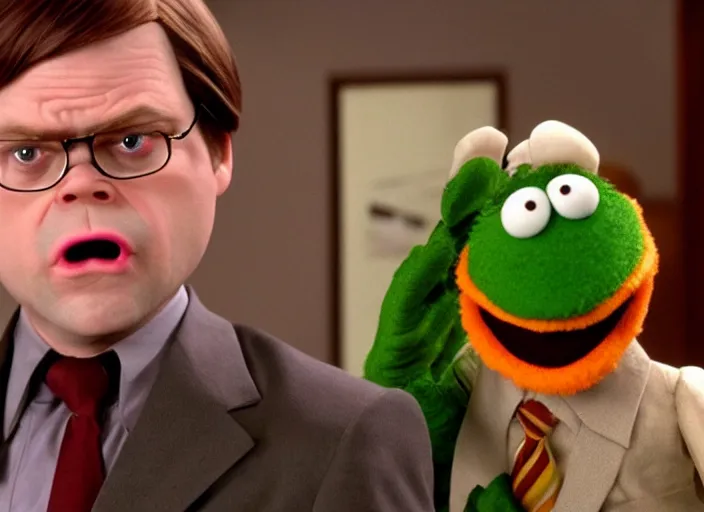 Prompt: film still of Dwight Schrute as a muppet from The Office, 4k