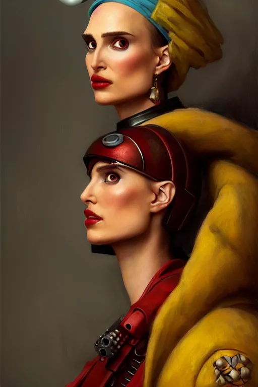 Image similar to character portrait cyberpunk warhammer 4 0 k, natalie portman as the girl with the pearl earring character design, painting by gaston bussiere, katsuya terada, frank frazetta, tom of finland, trending on artstation