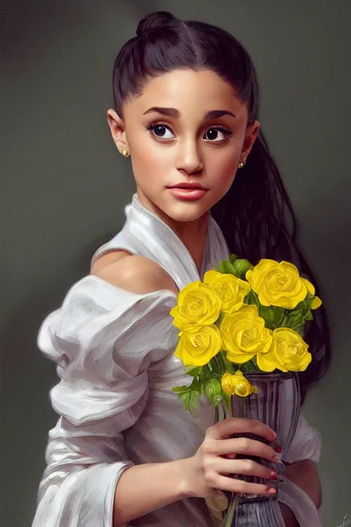 Prompt: beautiful cottagecore Ariana Grande holding a yellow colored vase. intricate, elegant. the background is yellow with voumetric lighting !. highly detailed, digital painting, artstation, concept art, smooth, sharp, focus, illustration. . art by artgerm and greg rutkowski and alphonse mucha