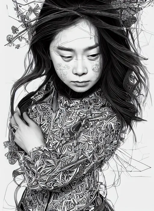 Image similar to closeup portrait of mitski, an ultrafine detailed illustration by james jean, intricate linework, bright colors, final fantasy, behance contest winner, vanitas, angular, altermodern, unreal engine 5 highly rendered, global illumination, radiant light, detailed and intricate environment