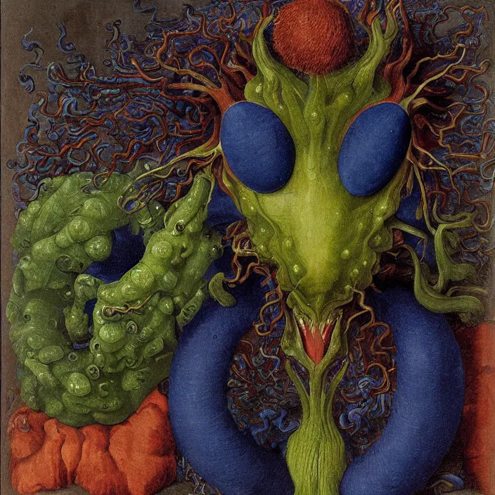 Prompt: close up portrait of a mutant monster creature with face in the shape of a colorful exotic dark blue carnivorous plant, snail - like protruding eyes. by jan van eyck, audubon