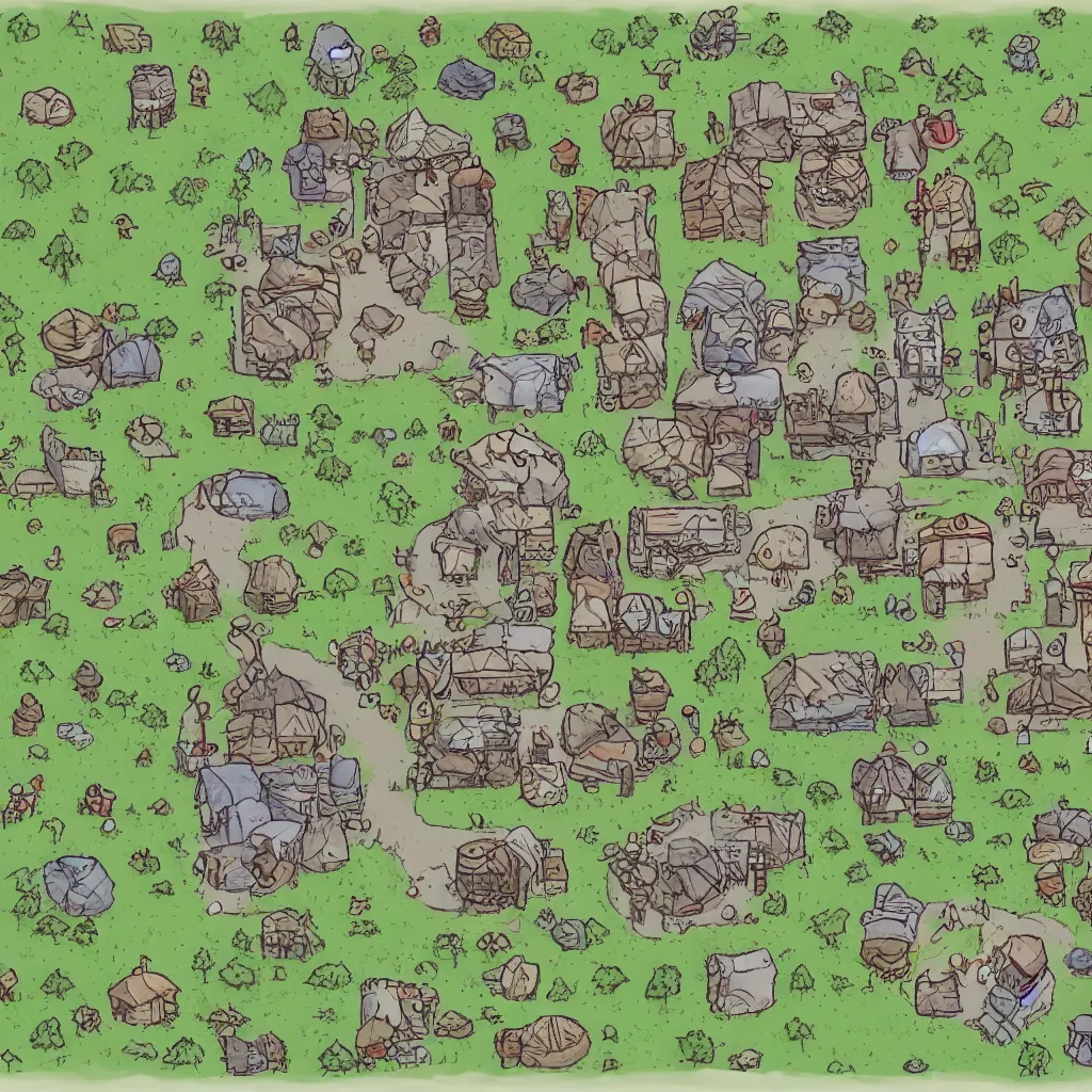 Image similar to simplistic bandit camp layout, art by allixander maps, acrylic drawing, fantasy, world, bright, clear, simple, sharpened