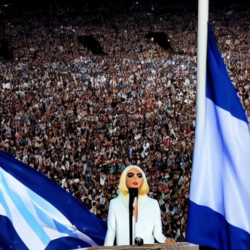 Image similar to Lady Gaga as president, Argentina presidential rally, Argentine flags behind, bokeh, giving a speech, detailed face, Argentina