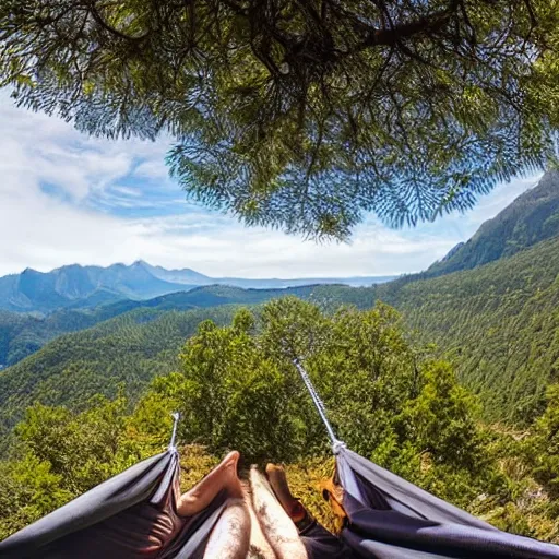 Image similar to relaxing in a hammock on top of a mountain, amazing views, award winning photography, highly detailed