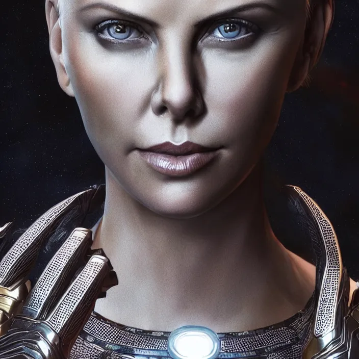 Prompt: portrait of Charlize Theron, wearing The Infinity Gauntlet. intricate artwork. octane render, trending on artstation, very coherent symmetrical artwork. cinematic, hyper realism, high detail, octane render, 8k, iridescent accents