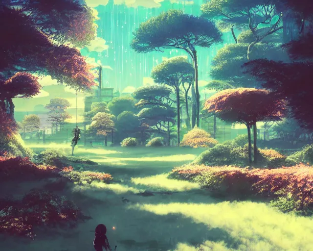 Image similar to scenery artwork, scene beautiful, light!! light essential japan world japan and nature vegetation with daylight, surrealism oil on canvas, artstation!! pixiv!! dream scenery, quality astral projection render, nier automata concept art, vaporwave textures