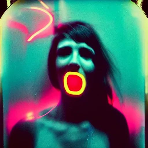 Prompt: portrait of a random woman having an orgasm eyes close mouth open, colorized neon lights, explosion of light, cybernetic, cyberpunk, wave punk, hyperealistic detailed photography polaroid vintage, 5 0 mm lens, grainy image