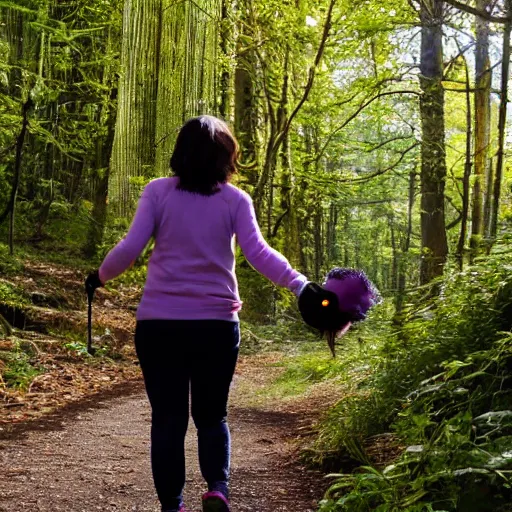 Prompt: a woman going for walk, holding hands with a spider.