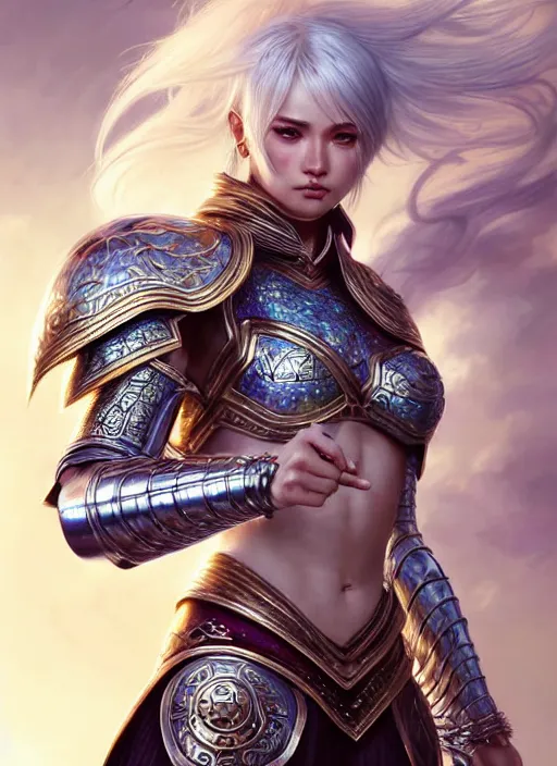 Image similar to warrior, intricate ornate opal heavy armor!!! beautiful and athletic white hair female!! gorgeous face and eyes!! character concept art, sharp focus, octane render! unreal engine 5! highly rendered!! trending on artstation!! detailed linework!! illustration by artgerm, wlop, and chie yoshii