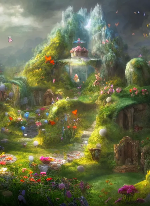 Prompt: a beautiful matte painting of a alice garden in the clouds, fairy tales, butterflies, a crystal ship, light effect, trending on artstation