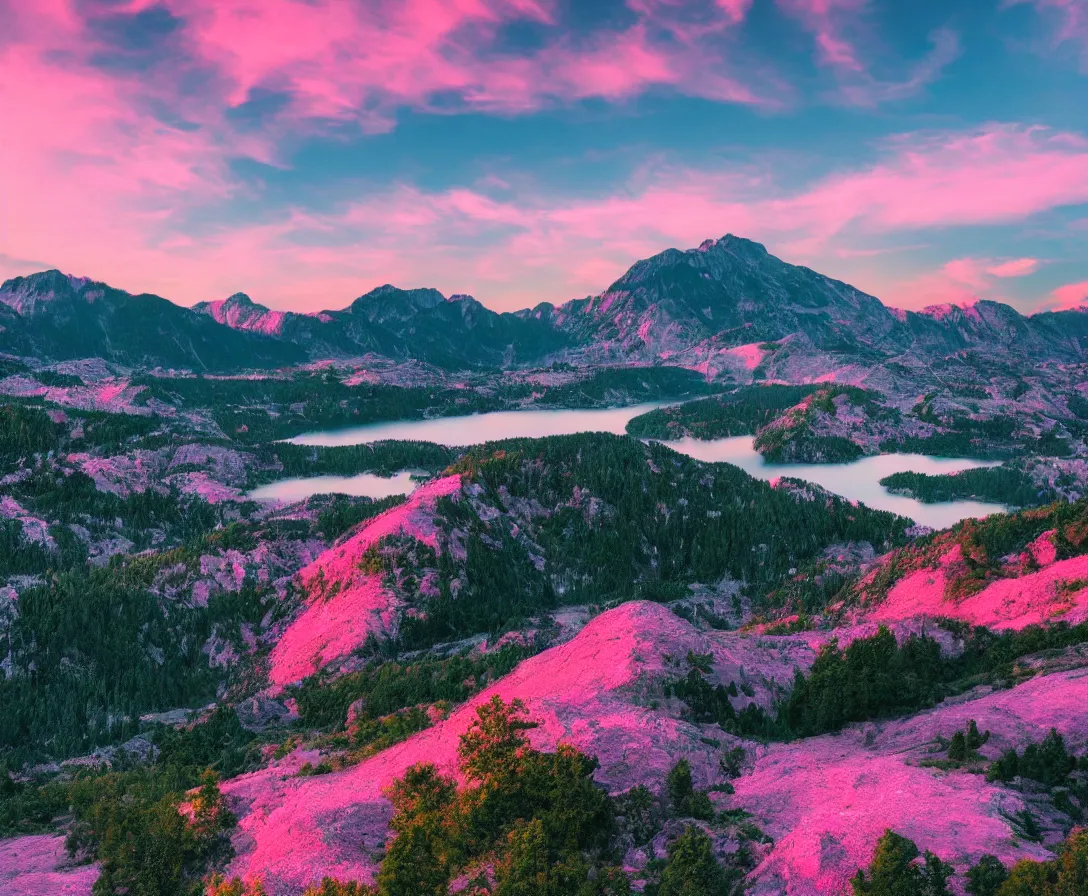 Image similar to wide angle, majestic mountains, beautiful lake, lush landscape, pink sky, sunset, 8k, sharp focus, artstation