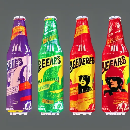 Prompt: 3d render, blender of an an advertisement for a beatles soda, with the beatles pasted on the packaging, soda bottle with a small illustration of the beatles pasted on the packaging, award winning, studio light, 4K