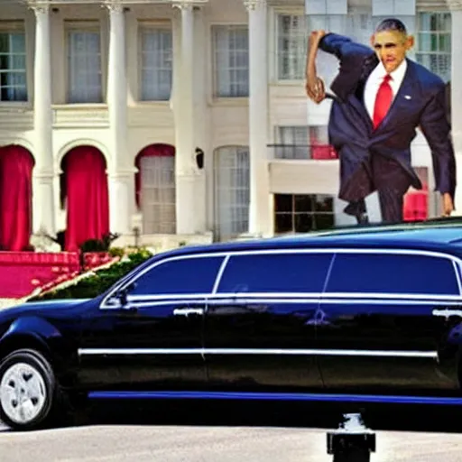 Image similar to barack obama on pimp my ride sitting in his newly upgraded presidential limo complete with a playstation 2, and a minibar. there are also neon lights in the interior.