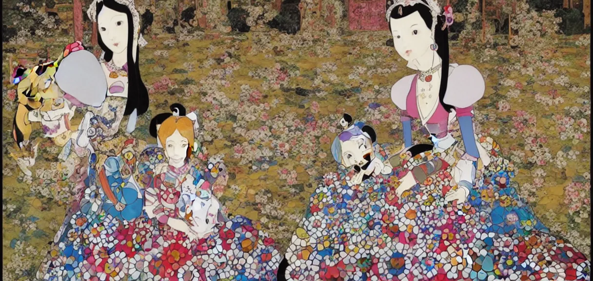 Prompt: a portrait of a princess in the castle with her cat by takashi murakami