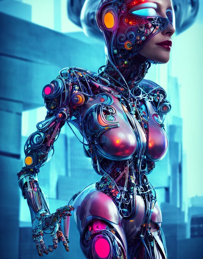 Image similar to full lenght shot, super hero pose, woman in biomechanical dress, inflateble shapes, wearing epic bionic cyborg implants of different colors, masterpiece, intricate, biopunk futuristic wardrobe, highly detailed, artstation, concept art, background galaxy, cyberpunk, octane render