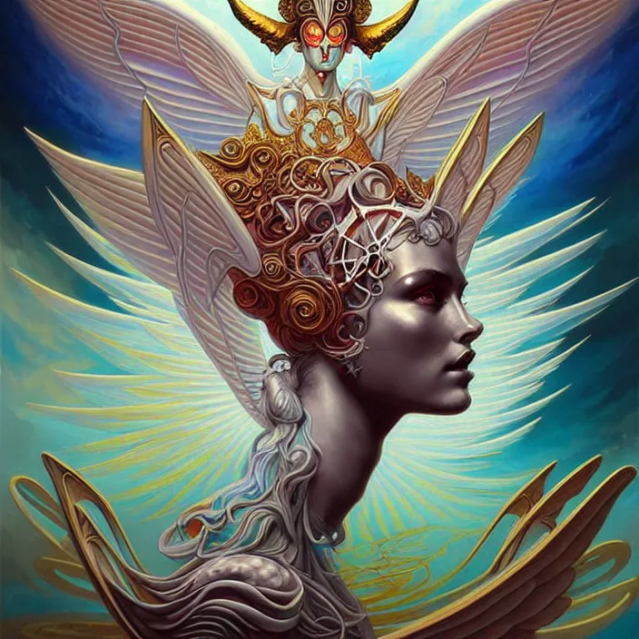 Image similar to stylized painting of an psychedelic angelic celestial being mythical creature by peter mohrbacher, by philippe druillet trending on artstation, winged head, white gold skin, sacred geometry, esoteric art