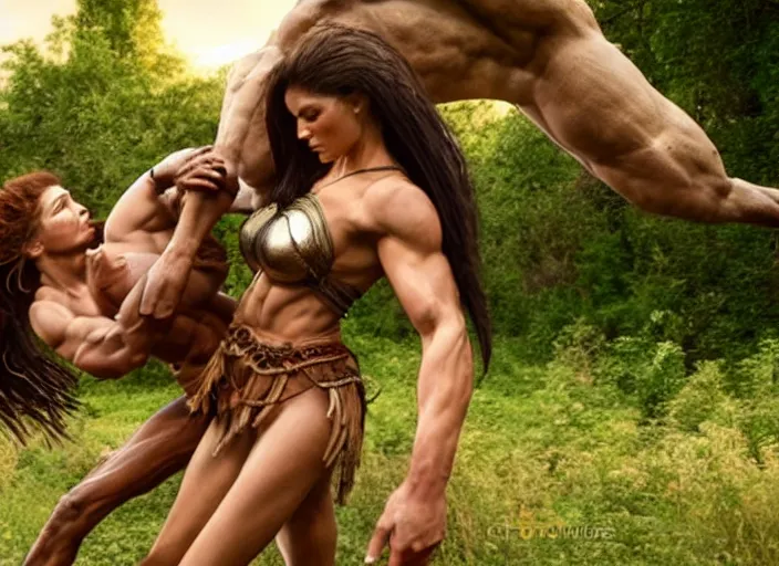 Image similar to beautiful tall muscular greek amazon woman wrestling a centaur, movie still, from the movie caveman, 8 k, realistic, action photography