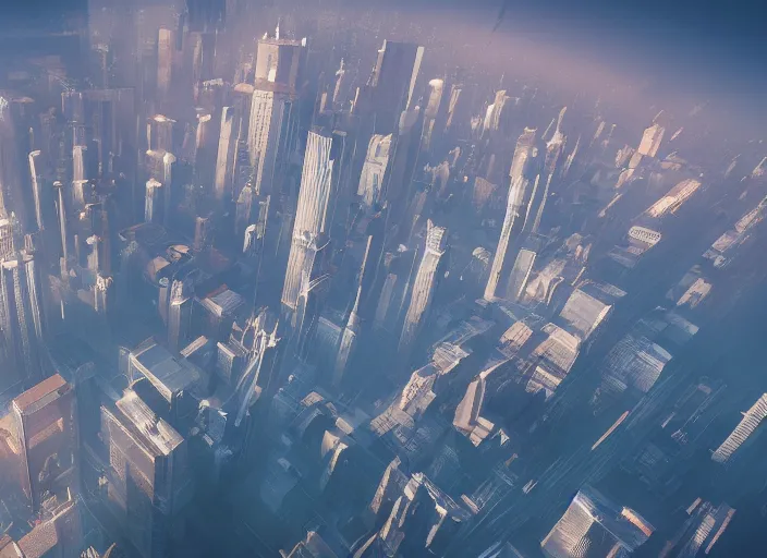 Image similar to painting of a tall city from above the clouds, intricate abstract. delicate artwork. by Tooth Wu, wlop, beeple, dan mumford. octane render, trending on artstation, greg rutkowski very coherent symmetrical artwork. cinematic, hyper realism, high detail, octane render, 8k, depth of field, bokeh. chrome accents.