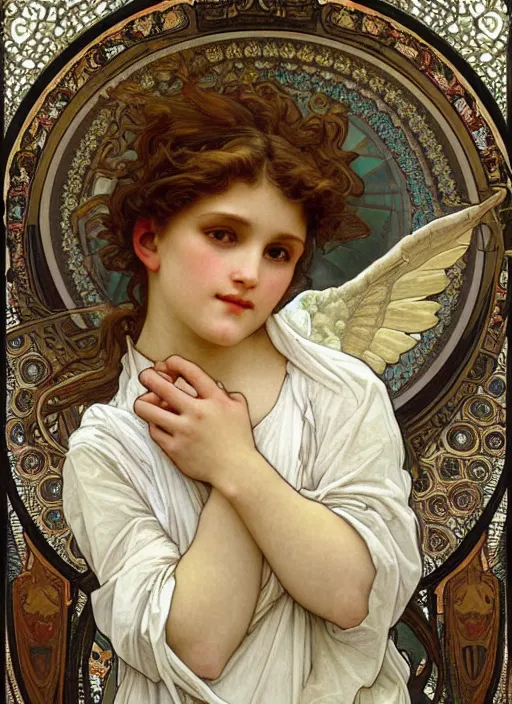Image similar to portrait of a beautiful angel, intricate, elegant, highly detailed by alphonse mucha and william - adolphe bouguereau
