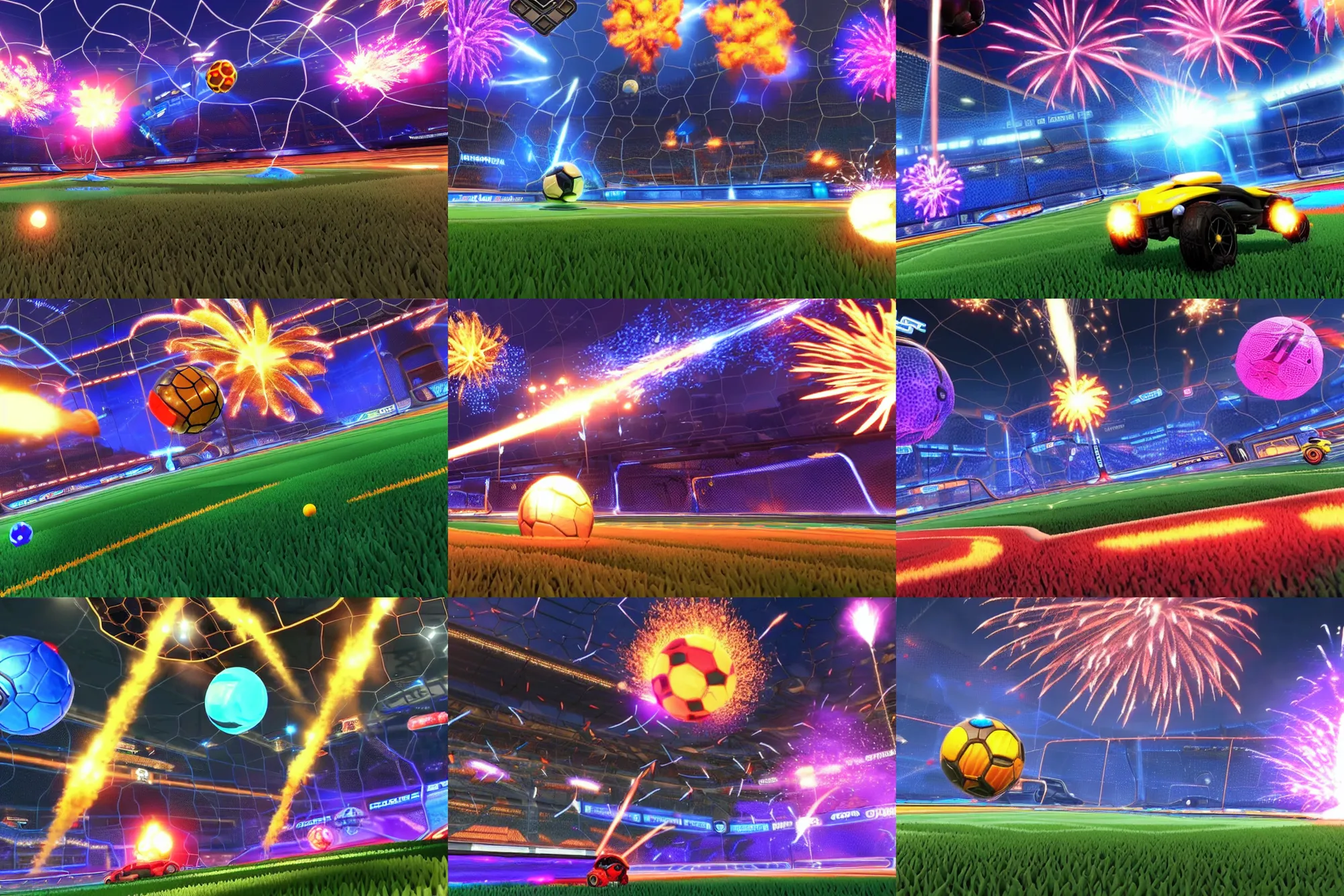 Prompt: rocket league explosion, ball bounce, epic angle, fireworks