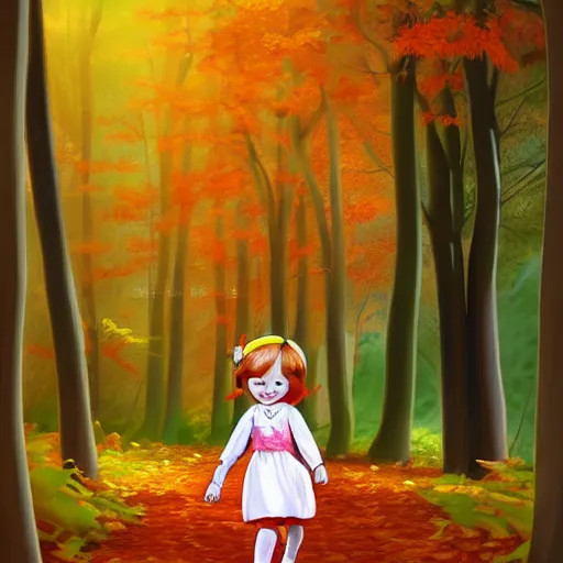 Image similar to ansell mary jane ilustration a beautiful little girl smiling, walking calmly through an autumn forest, characterized by ansell mary jane, sharp focus, highly detailed, artstation