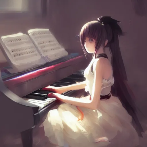 Image similar to anime girl Playing the Piano instrument , digital Art, Greg rutkowski, Trending cinematographic artstation