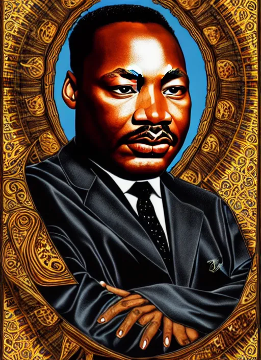 Prompt: : Martin Luther king fantasy, fantasy magic,  , intricate, sharp focus, illustration, highly detailed, digital painting, concept art, jahbu art and Paul lewin and kehinde wiley, masterpiece