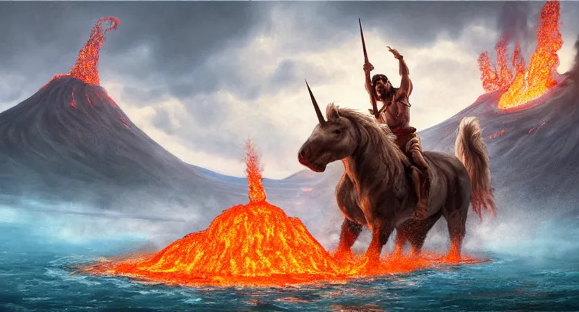 Image similar to Danny Devito riding unicorn in a lake of lava, concept art by Doug Chiang cinematic, realistic painting, high definition, digital art, symmetrical, very detailed, extremely high detail, photo realistic, concept art, unreal engine 5,