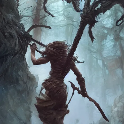 Image similar to portait of a very muscled emma watson swinging her long sword forest monster, front game card, drark, marvel comics, dark, intricate, highly detailed, smooth, artstation, digital illustration by ruan jia and mandy jurgens and artgerm and wayne barlowe and greg rutkowski and zdislav beksinski