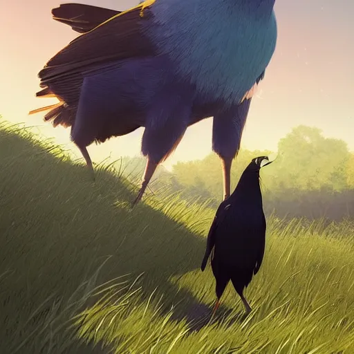 Image similar to a wholesome animation key shot of a crow on a hill, portrait shot, studio ghibli, pixar and disney animation, sharp, rendered in unreal engine 5, anime key art by greg rutkowski, bloom, dramatic lighting