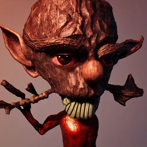 Prompt: Octane render, maya, zbrush, wacom, digital dark fantasy portrait of a wood goblin with shiny red goggles and a twig in his mouth, featured on DeviantArt.com