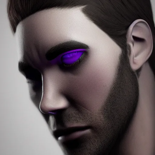 Prompt: a guy with deep purple iris, completely dark, with black. magic powers, ultra realistic, 8 k, octane render, stylized,