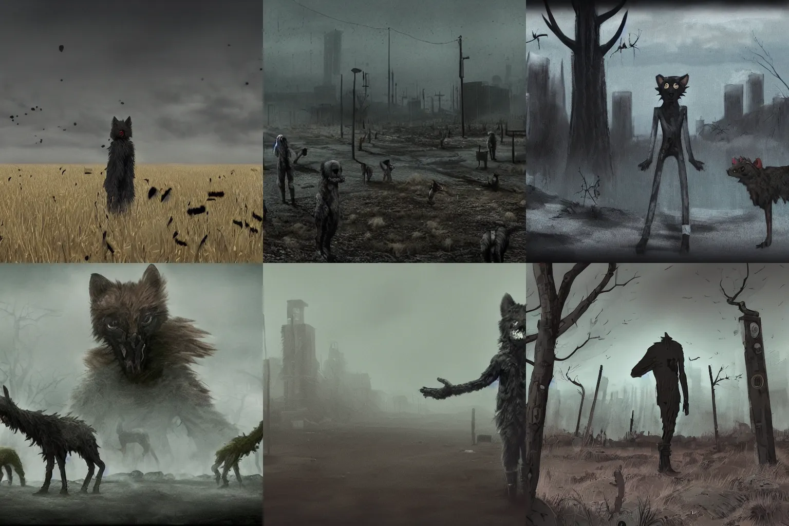 Prompt: bleak dystopian landscape filled with furries who are also zombies, liminal space