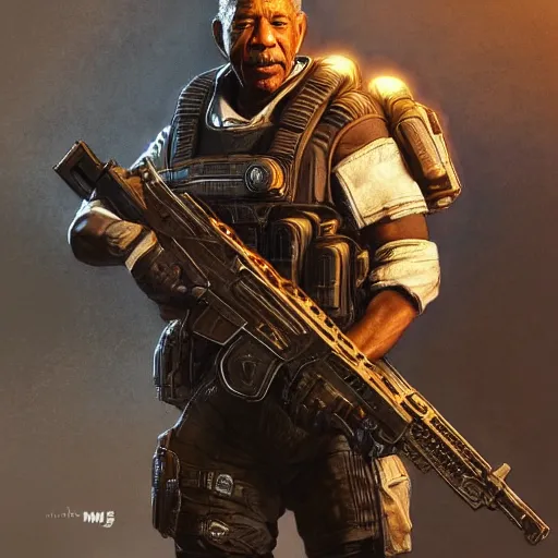 Image similar to morgan freeman as a soldier in gears of war 3 intricate, elegant, highly detailed, digital painting, artstation, concept art, matte, sharp focus, rendered in unreal engine, art by artgerm and greg rutkowski and alphonse mucha